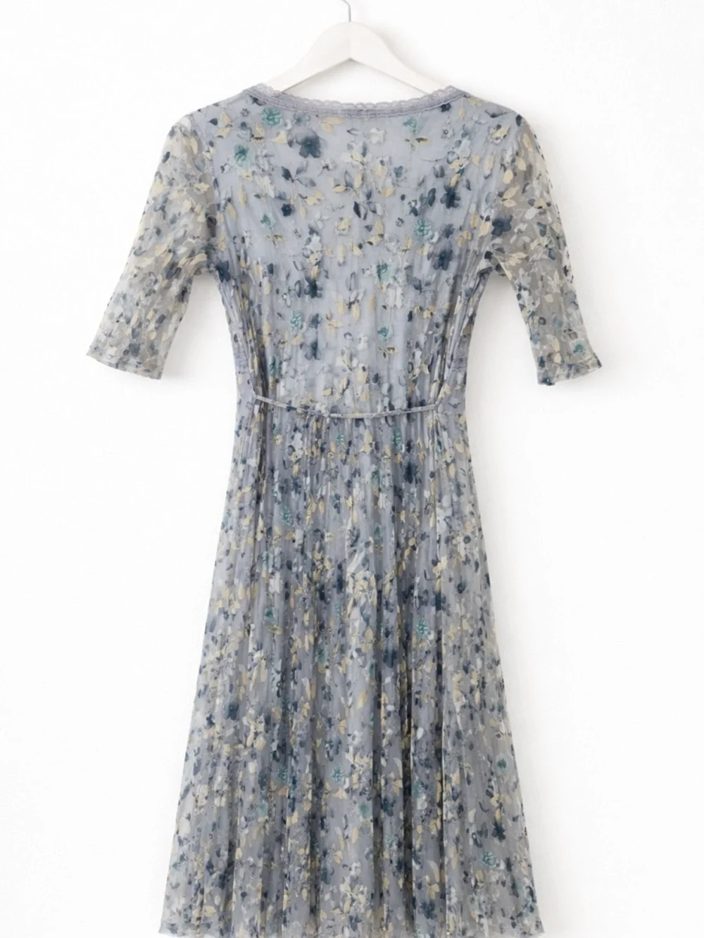 Vintage Y2K Blue Floral Embroidered Mesh Midi Dress Sz M Cottagecore Fairycore - Picture 3 of 11